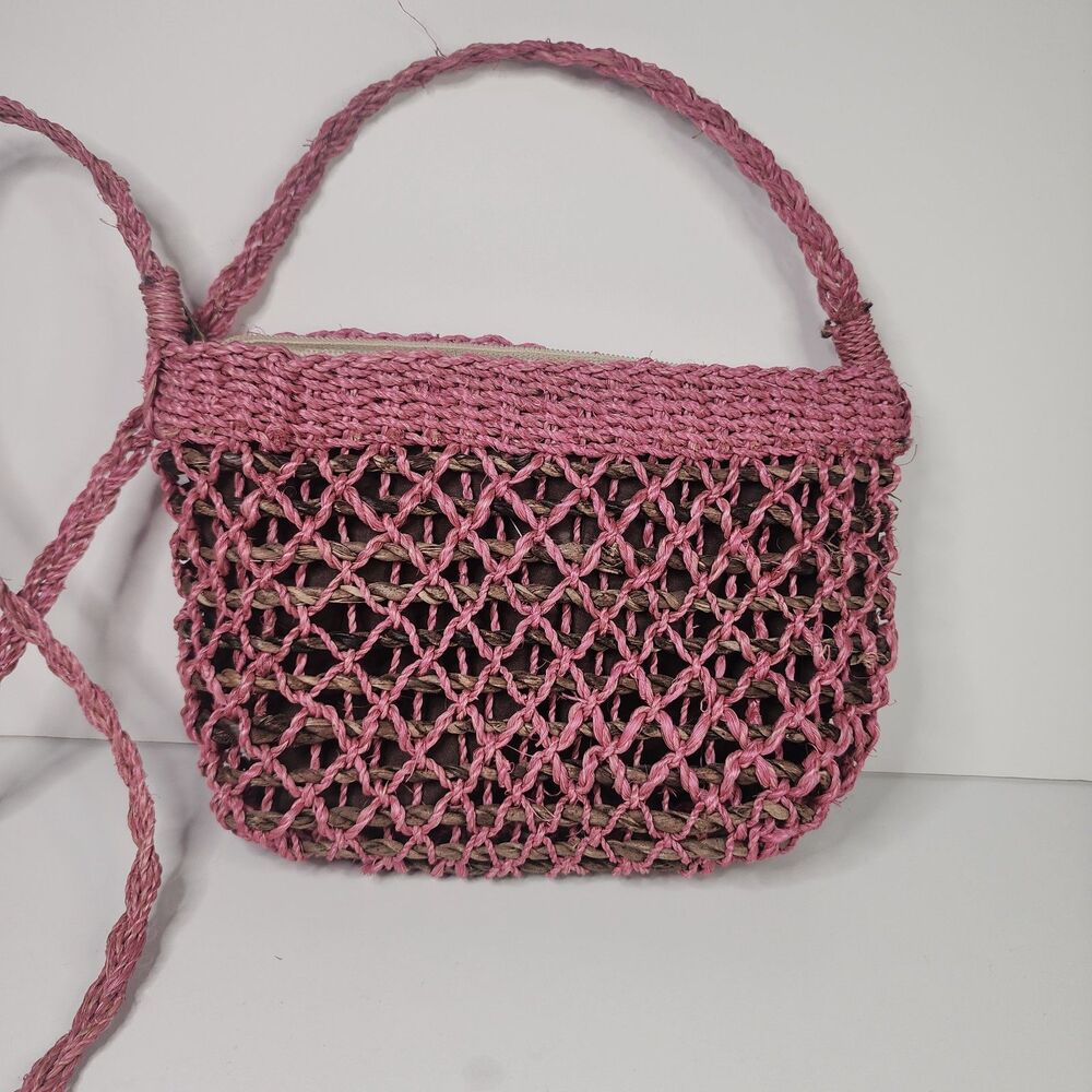 Vintage Rose Pink Crocheted Mesh Bag - Boho Summer Tassel  - Handmade Raffia NNT